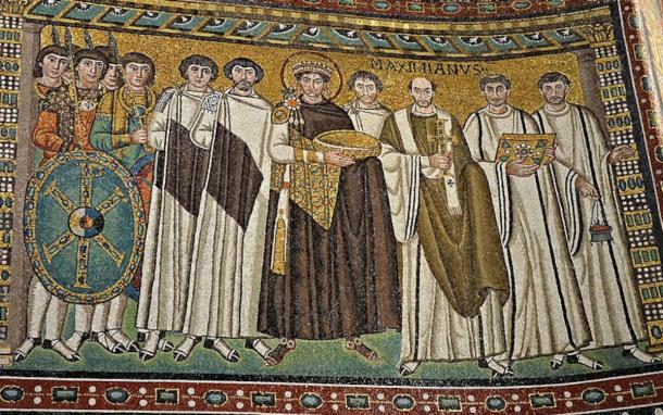 Mosaic of Emperor Justinian I and his retinue, from the Church of Sa Vitale in Ravenna, Italy. 