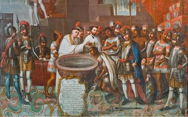 Part of ‘The Baptism of Ixtlilxóchitl of Texcoco,’ painted by José Vivar y Valderrama in the 18th century. 