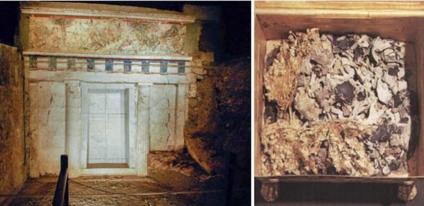 Left; Facade of Tomb II in Vergina, Greece. Right; Bones and textile fragments from the tomb