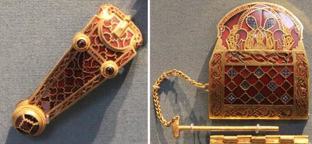 Top image: Left; Anglo-Saxon Sword Belt End Ornament, Right; Anglo-Saxon Shoulder Clasp, both from Sutton Hoo Burial, 625-630