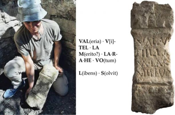 Archaeologist holding votive altar and (right) Latin inscriptions on votive altar. Source: Juantxo Agirre / Aranzadi