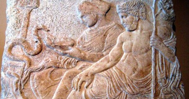 Marble relief of Asclepius and his daughter Hygieia. From Therme, Greece, end of the 5th century BC. Istanbul Archaeological Museums. Source: Prioryman/CC BY-SA 3.0