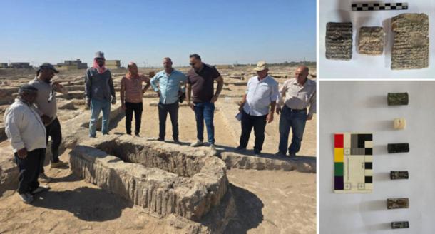 Left; Officials examine a trough-like feature at the site. Right; Seals and cuneiform tablets. 