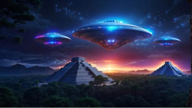 AI generated image of alien spaceships visiting the Maya.