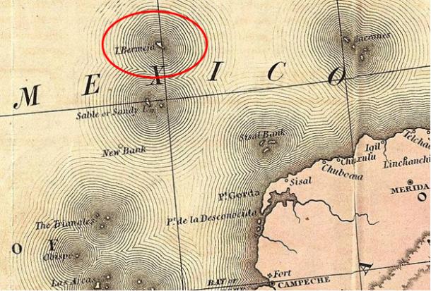 Old map showing the Mexican phantom island Bermeja