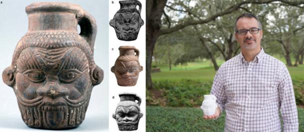 Left; Drinking vessel in shape of Bes head; El-Fayūm Oasis, Egypt. Right; Prof. Tanasi with the 3D digital model of the mug.