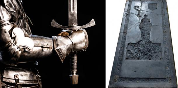 Top image: Left; Knight in armor, Right; Jamestown Knight tombstone.