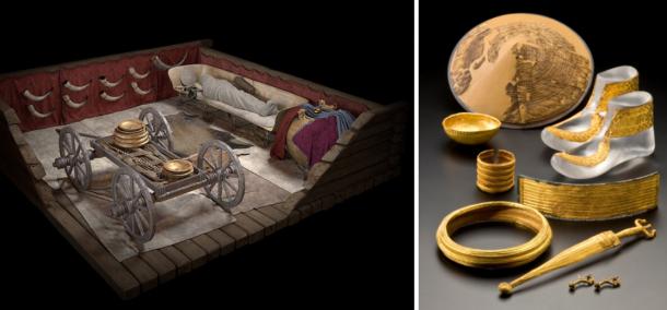 Top image: Left: Visualization of the central grave/main burial of the Hochdorf mound in Baden-Württemberg. Right: Grave goods from Eberdingen-Hochdorf
