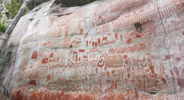 One of the huge rock art panels at the Cerro Azul outcrop of the Serranía De La Lindosa, Colombia.