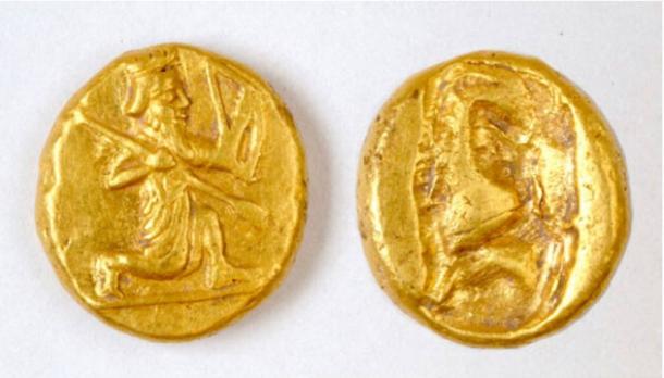 Archaeologists discovered a pot of gold Persian coins, called darics, at the ancient city of Notion in Turkey. The coins show a figure of a kneeling archer, the characteristic design of the Persian daric, a type of gold coin issued by the Persian Empire. Source: Photo courtesy of Notion Archaeological Project, University of Michigan