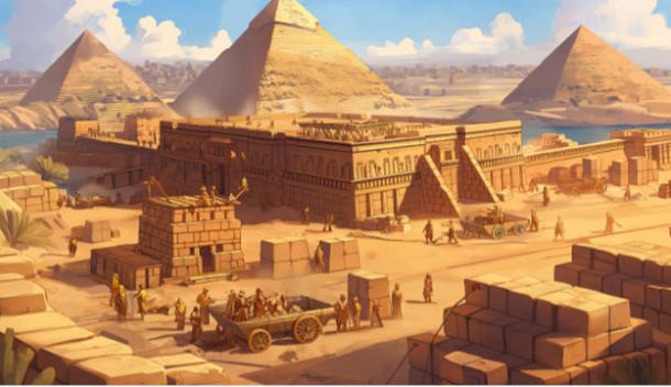 Ai generated image of builders on the Giza plateau.