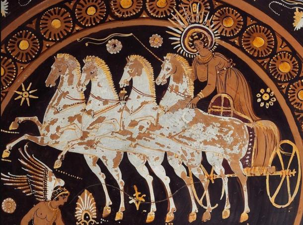 Eos on her chariot portrayed on black and red pottery.