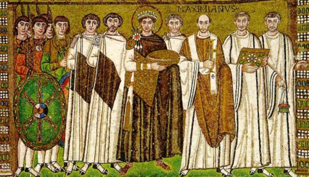 The person to the right of the haloed emperor Justinian is thought to be the eunuch Narses, a powerful Byzantine general