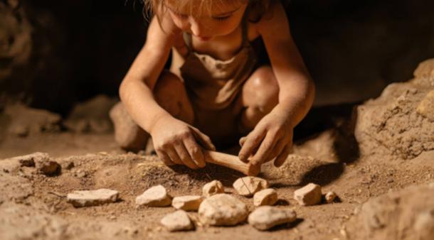 Representative image of Neanderthal child playing with a collection of stones.