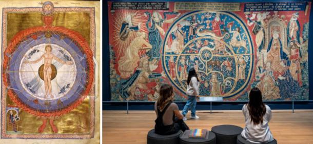 Left; On the Construction of the World in Book of Divine Works (Liber divinorum operum), about 1210-40 CE. Hildegard of Bingen (Saint)Tempera, gold, and ink on parchment. Biblioteca Statale di Lucca, Ms. 1942, fol. 9, sec. XIII Right; Visitors in the Lumen exhibition.