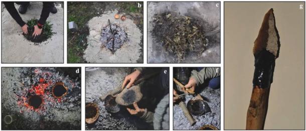 The researchers built and tested a replica of the hearth, and after about four hours of work, they had enough resin to attach two stone points to spears