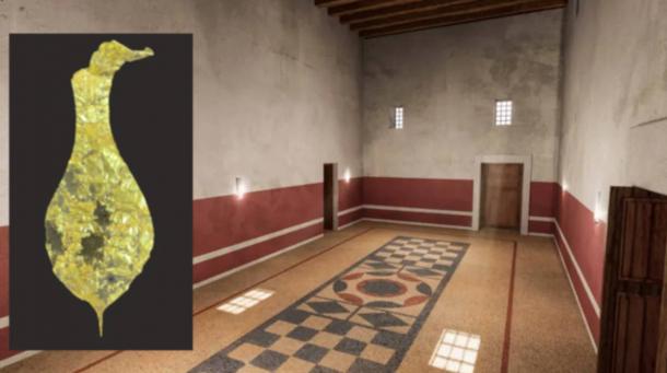 Attempt to reconstruct a room in the house of the garrison commander in Asparos. Inset; the gold votive plaque.