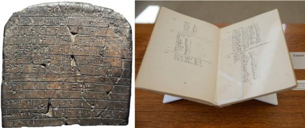 The script Linear B on a clay tablet, and a book containing decipherment notes.