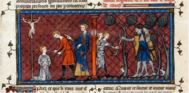 Detail of a two-part miniature of the punishment for a blasphemer, and of children being caught in a forest at Coucy. Image taken from f. 420v of Chroniques de France ou de St Denis.