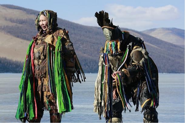 Mongol shamans dressed for a ritual.