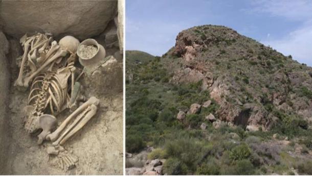 Left; Tomb 80 of La Almoloya (Pliego Murcia). Example of a typical burial from the Argaric Bronze Age. Right; the archaeological site of Gatas (Turre, Almería), where one of the oldest known Argaric tombs was found.