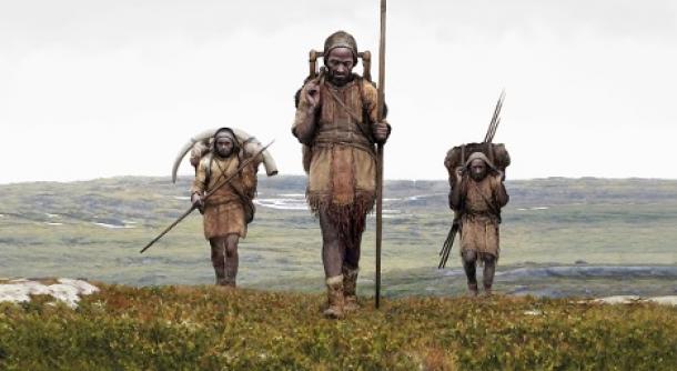 Artistic reconstruction of a hunter-gatherer group from the Ice Age.