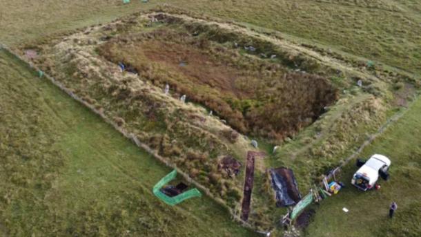 Aerial of the site known as King Arthur’s Hall, on Bodmin Moor, Cornwall, England.