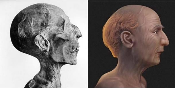 Left; Mummified skull of Ramesses II, Right; Reconstructed face of Ramesses by Cicero Moraes . Source: Left; G. Elliot Smith/Public domain, Right; © Cicero Moraes