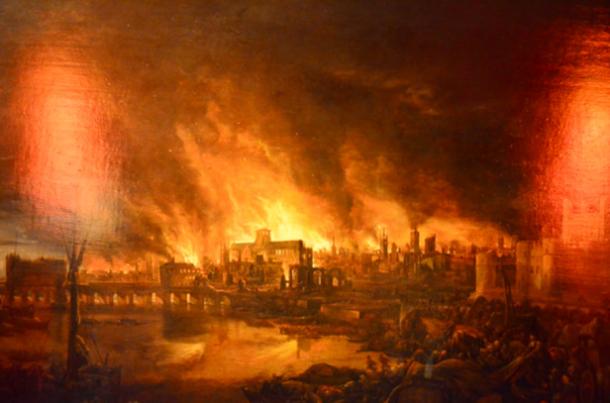Oil on panel Dutch School painting depicting the Great Fire Of London