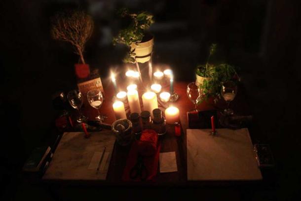 A modern Pagan Wiccan altar set up.