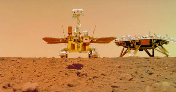 China’s Martian rover Zhurong with its orbital lander, Tianwan-1, on Mars. 