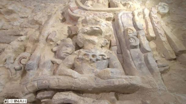 One of the Kaanu'l dynasty plaster reliefs found at Archaeological Zone of Dzibanché, Mexico. 