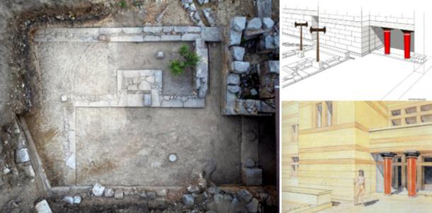 Photo of the gate sanctuary unearthed at Minoan Palace of Archanes, and artist’s impressions. 