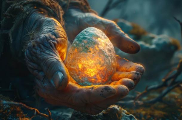 The cosmic egg in the hands of a giant deity