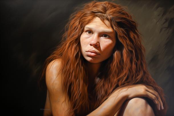 Close up portrait of a Neanderthal human woman.