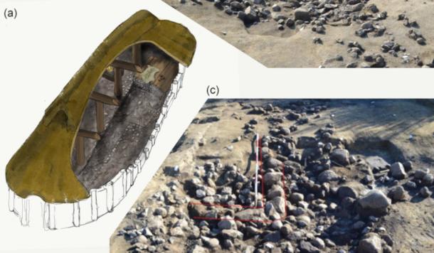 Reconstruction drawing of the house, and detail photo of the Neolithic cellar wall in Denmark. 