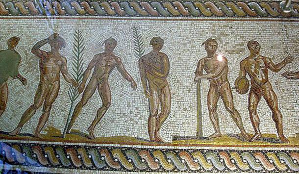 Mosaic floor depicting various athletes wearing wreaths. From the Museum of Olympics.  