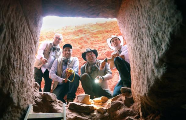 Josh Gates and the team at the entrance of the tomb found at Petra.