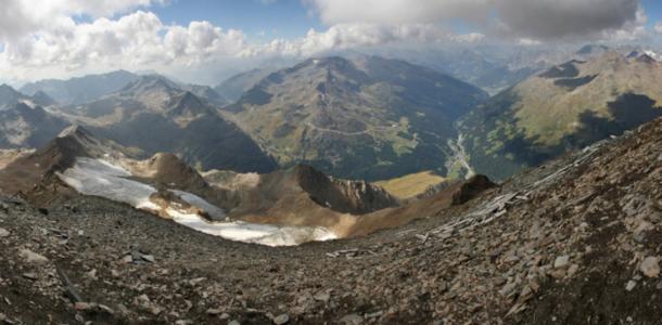 View from Pizzo Tresero, within the Stelvio National Park, Loombardy, Italy, where ethe petroglyphs have been discovered.