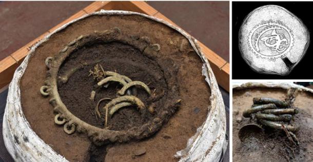 Pre-excavation photograph of hoard prior to excavation in GUARD Archaeology’s Finds Lab; Xray of hoard; Cup-ended penannular bracelet. Source: GUARD Archaeology