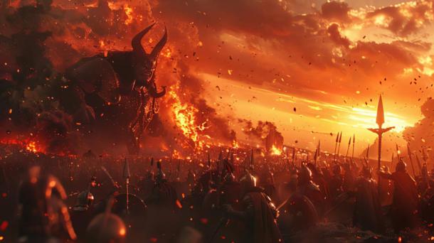 An epic battle scene from Ragnarok, with gods and monsters clashing violently under a bloodred sky, AI generated.