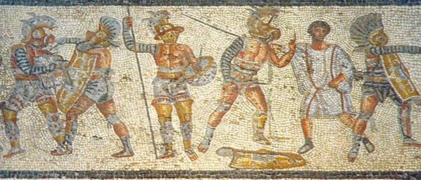 Roman gladiators depicted in mosaic from the year 200 AD.