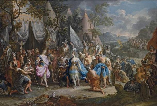 An 18th-century Rococo painting of The Amazon Queen Thalestris in the Camp of Alexander the Great, by Johann Georg Platzer Source: Public Domain