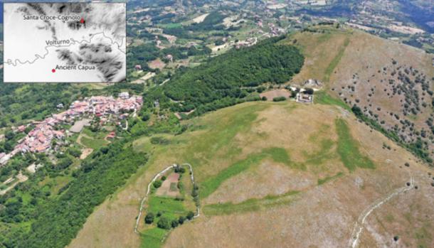 Aerial view of Monte Cognolo plateau (foreground) and Santa Croce summit (background).