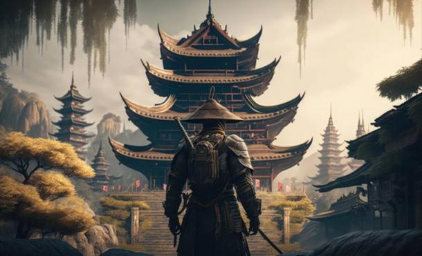 Samurai and oriental temple in the background, samurai with armor, Generative AI Source: Kaleb/Adobe Stock 
