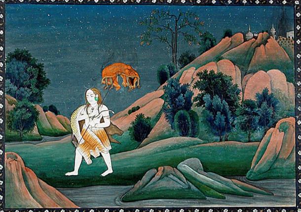 Shiva carrying Sati on his trident. (1800s). 