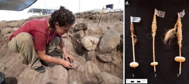 Left; Talia Yashuv of the Hebrew University at the excavation site of Nahal Ein Gev II in northern Israel. Right; the experimental spindles and whorls.