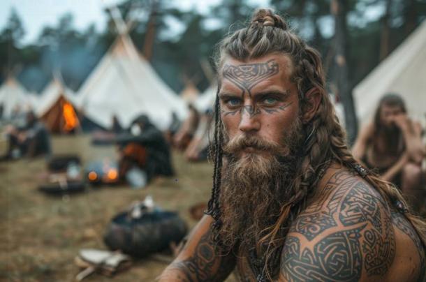 Tattooed Viking man in traditional attire within a historical encampment scene, AI generated. Source: Larisa AI/Adobe Stock