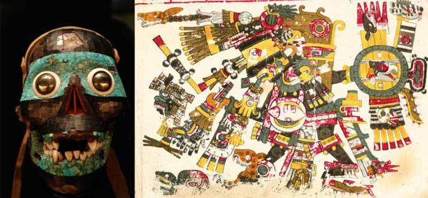 Left; A turquoise mask representing the god Tezcatlipoca. Right;Tezcatlipoca with all 20-day signs, symbolizing the divine calendar. Source: Left; CC BY-SA 2.5, Right; Public Domain
