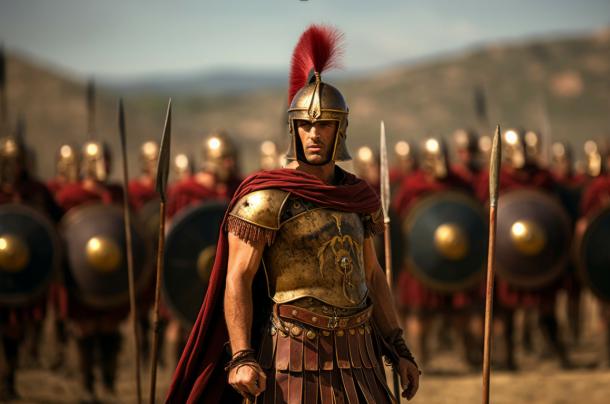 AI generated Roman centurion leading a legion of soldiers in a military formation. 